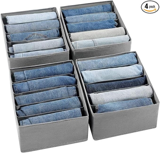 Foldable Wardrobe Clothes Organizer Storage Boxes - Set with 5 Grids- Fabric Shelf Dividers, Large Size Organizer with PPE Sheets, Stackable Clothing Box for Jeans,Pants, Sweaters,T-Shirts (Pack of 4)