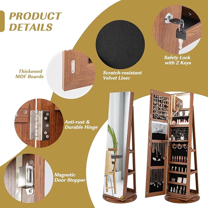 GOFLAME 360° Rotating Jewelry Cabinet with Full-Length Mirror, Freestanding Jewelry Armoire with 3-Color LED Light and Back Storage Shelf, Lockable Jewelry Organizer for Bedroom Cloakroom, Walnut