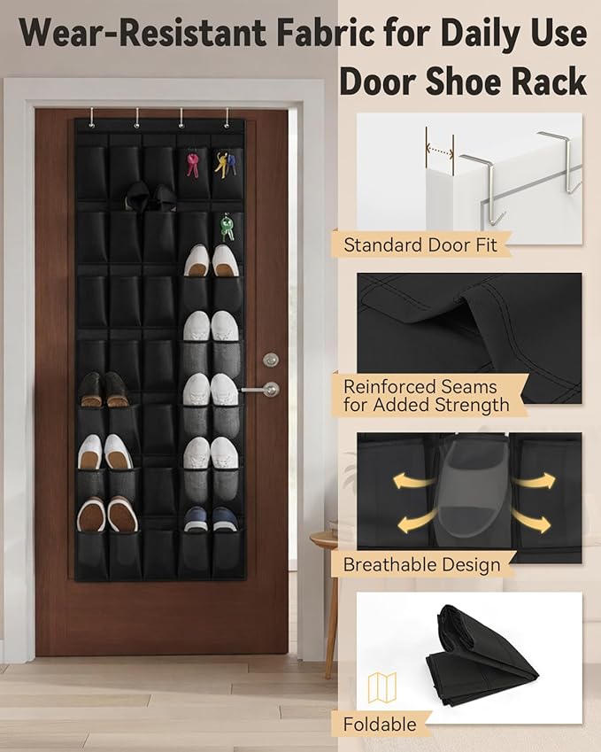 dodowin Over the Door Shoe Organizers, 2 Pack - 35 Deep Mesh Pockets Each, Over The Door Shoe Rack with 4 Metal Hooks Each, Space Saving Hanging Storage Holder for Closets, Shoes & Accessories, Black