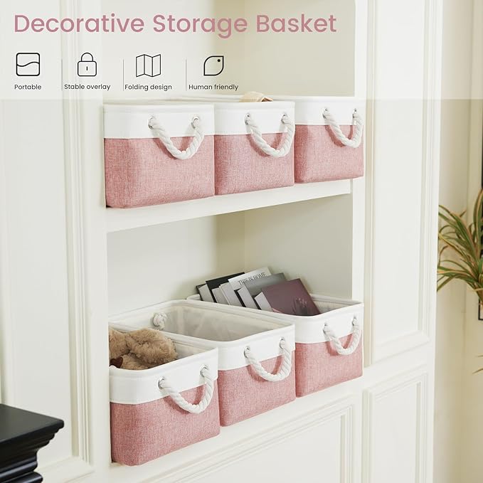 Storage Baskets for Shelves 13.8x9.8x6.7 Inch, Foldable Fabric Storage Bins with Handles, Small Storage Baskets for Organizing Closet, Office, Home Organization (6-Pack, White&Pink)