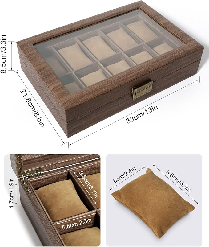 Uten Watch Box 10 Slots, Watch Case Organizer with Real Glass Lid, Wood Grain PU Leather Watch Display Storage Box with Removable Imitation Suede Watch Pillows, Metal Clasp