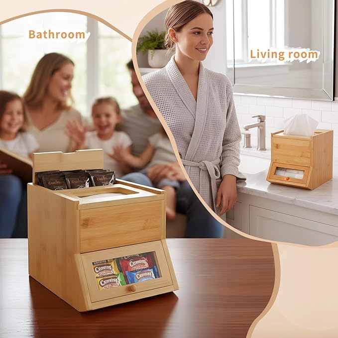 Bamboo Laundry Pods Container 10.6 x 8.3 x 6.9 Inch, 3 in 1 Multi Purpose Storage Organization Container for Laundry Pods, Facial Tissues, Disposable Gloves, Dryer Sheet Box