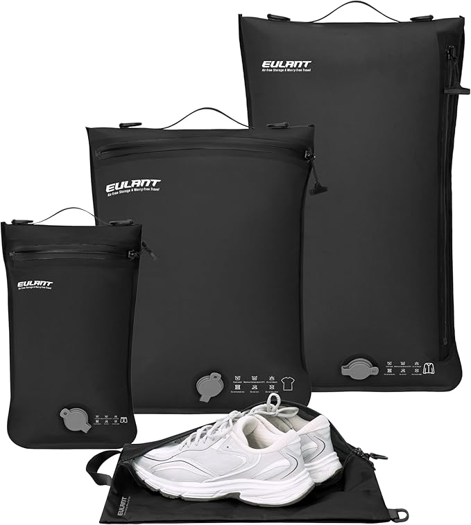Eulant 4 Set Vacuum Packing Bags for Travel With Pump,Professional IPX8 Zip Packing Organizer for Suitcases Backpack,Space Saver Bags Packing Organizers for Clothing Packing(4 Set No Pump,Black)