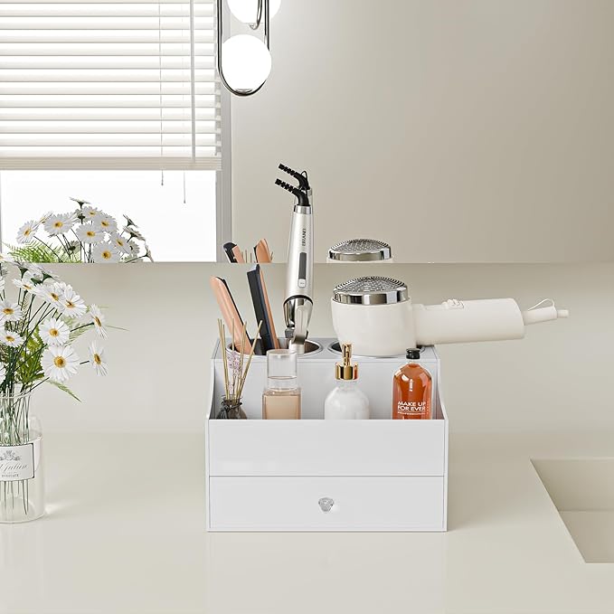 Hair Tool Organizer, Acrylic Hair Blow Dryer Holder Stand with Drawer for Straightener and Curling Storage, Bathroom Vanity Countertop Organization for Makeup Accessories - White