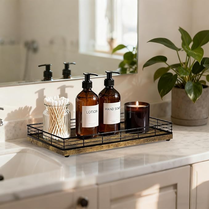 Large Bathroom Vanity Tray – 13" x 8" Decorative Wooden Tray for Bathroom Countertop & Vanity Organizer, Wood Tray for Perfume, Skincare Accessories Storage, Vanity Dresser Decor Black & Rustic Brown