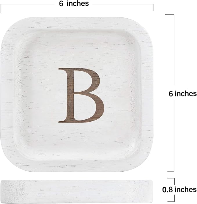 I'm Wooden Personalized Letter Catchall Valet Tray Trinket Dish Jewelry Tray Key Bowl Decorative Plate Organizing Ring Earrings Necklaces Bracelet Watch Coins Wallet Holder(6"x6" Sq White B)