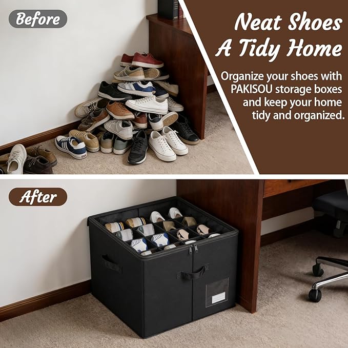Shoe Storage Organizer, Fits 16 Pairs, Closet Shoe Box with Adjustable Dividers & Transparent Lid, Foldable Fabric Shoe Container with Handles for Space-Saving Shoe Storage (Black)