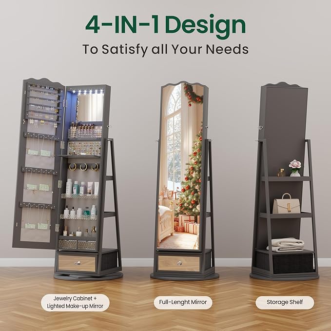 HNEBC 360° Rotating Jewelry Cabinet with Lights, Standing Jewelry Armoire with Mirror, Full Length Mirror with Jewelry Storage, Lockable Lagre Jewelry Organizer Stand for Bedroom, Cloakroom (Grey)