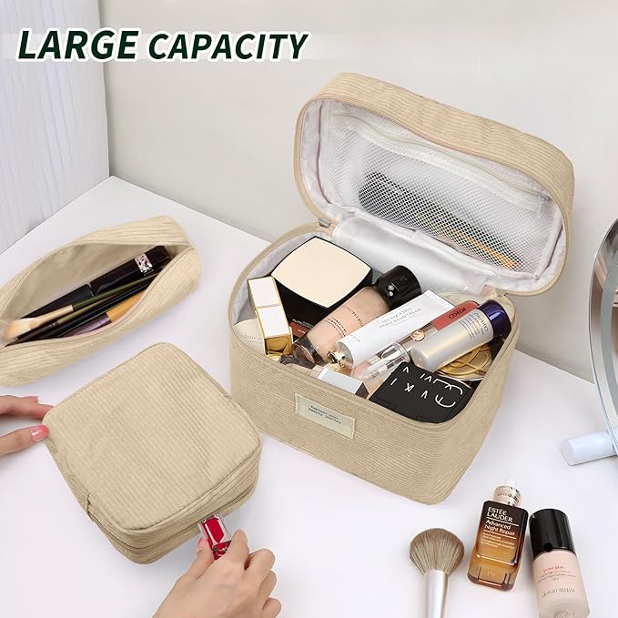 4 Pcs Makeup Bag for Women Corduroy Cosmetic Bag Aesthetic Cute Bags Multi Size Purse Pouch Travel Toiletry Bag Set Makeup Organizer with Zipper (06-Yellow)