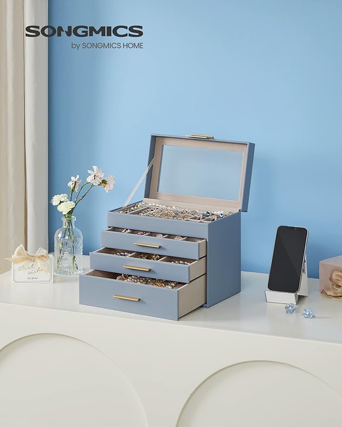 SONGMICS Jewelry Box Organizer with Glass Lid, 4-Layer Jewelry Storage, with 3 Drawers, Modern Style, 6 x 9.9 x 8.5 Inches, Smoky Blue and Gold Color UJBC161Q01