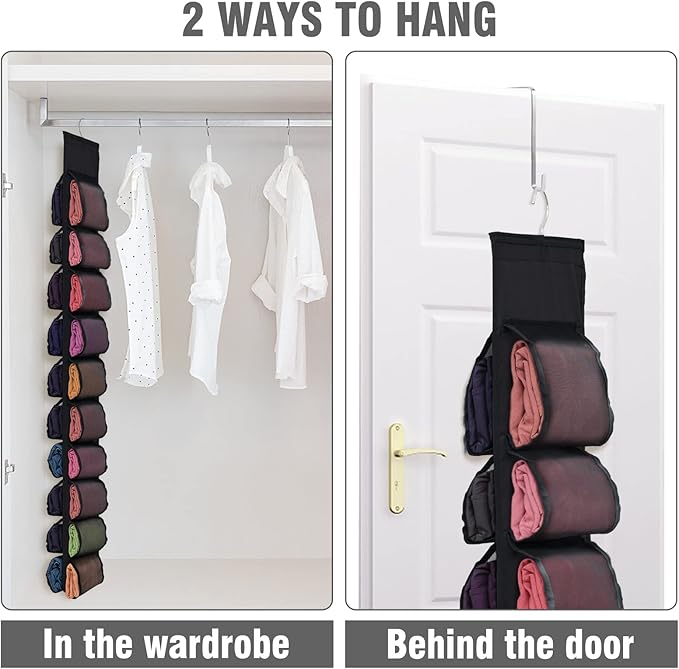 Aulock 2 Pack Legging Storage Organizer, Hanging Closet Organizer System, Black Clothes Closets Holder with 20 Roll Independent Compartments for Yoga T-Shirts Bras Socks Pants Tank Top Towel