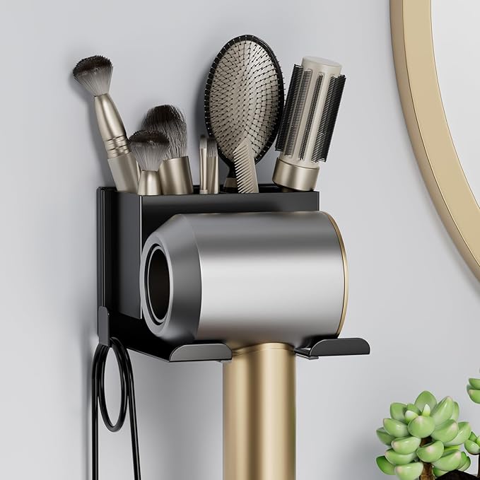 Hair Dryer Holder Wall Mounted, Hair Tools Organizer, Bathroom Space-Saving Blow Dryer Organizer Curling Irons Storage Wall Mounted Black (Self-Adhesive and Drilling)