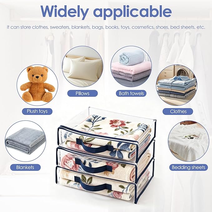 12 Pack Clear Storage Bags with Zipper,12L Plastic Blanket Storage Bags Waterproof Moving Bags Foldable Closet Organizer Handle for Clothing Bedding Linen Sweater Bed Sheet Clothes,15.7x11.8x3.9 Inch