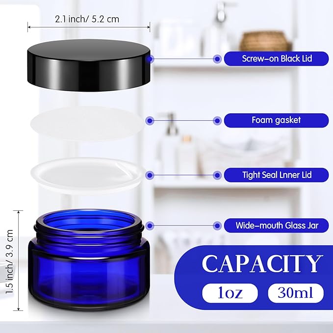 Domensi 60 Pcs 1oz Glass Jars with Lids Bulk Salve Tins Winter Cream Container Small Glass Candle Cosmetic Jars for Travel Lip Balm with Inner Liners for Lotion Sample Cream(Cobalt Blue, Black Lid)