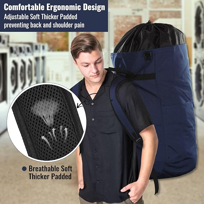Laundry Bag Backpack, 125L Extra Large Laundry Backpack with Shoulder Straps, Adjustable Extendable Laundry Hamper Bag with 3 Pockets for College, Travel, Camping (Dark Blue)