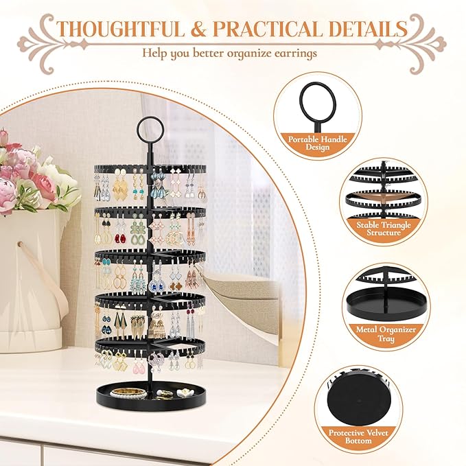 iDavosic.ly 5 Tier Rotating Earring Holder Organizer with Metal Tray, Adjustable Plastic Dangle Display Stands Tree with 285 Grooves, Large Hoop Storage Rack Tower, Black