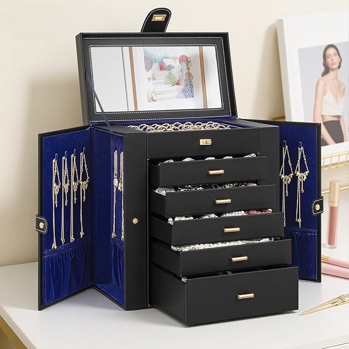 AKOZLIN Huge Jewelry Box Organizer Functional Large Leather Jewelry Storage Case for Women Girls Ring Necklace Earring Bracelet Holder Organizer with Mirror
