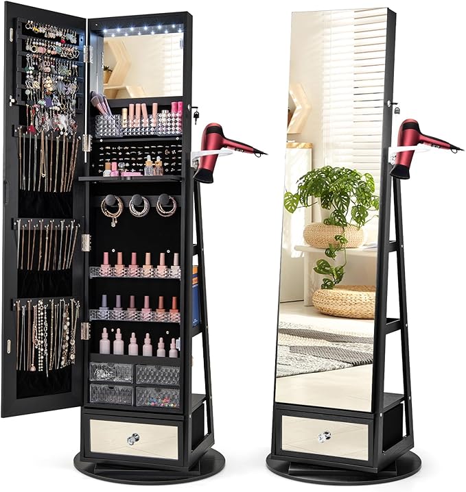 GOFLAME 360 Rotating Jewelry Cabinet with Full Length Mirror, Standing LED Jewelry Armoire, Lockable Jewelry Organizer with Hair Dryer Rack, Back Storage Shelves, Inner Makeup Mirror, Black