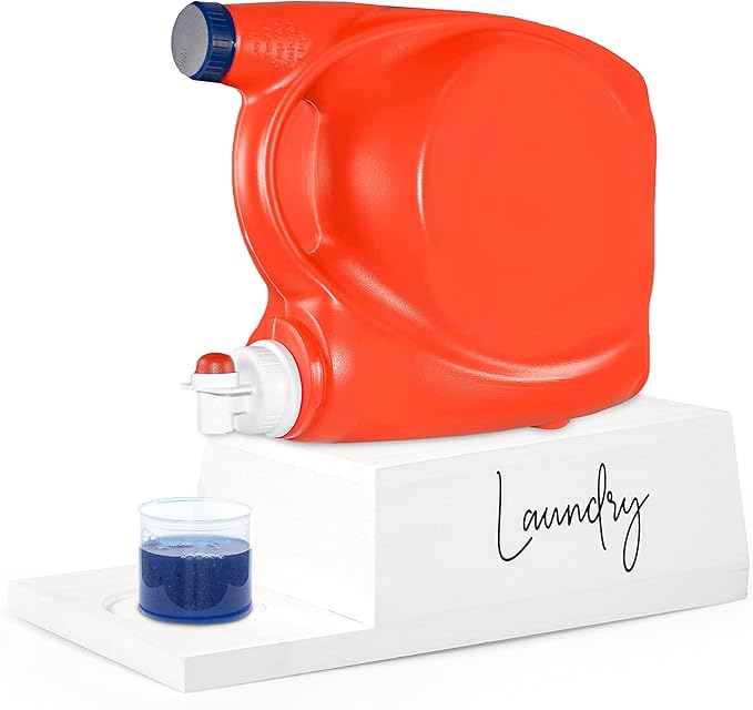 Ilyapa Wooden Detergent Holder, Liquid Detergent Dispenser Stand for Fabric Softeners, Laundry Room Countertop Decor, White Soap Containers Station Organizer