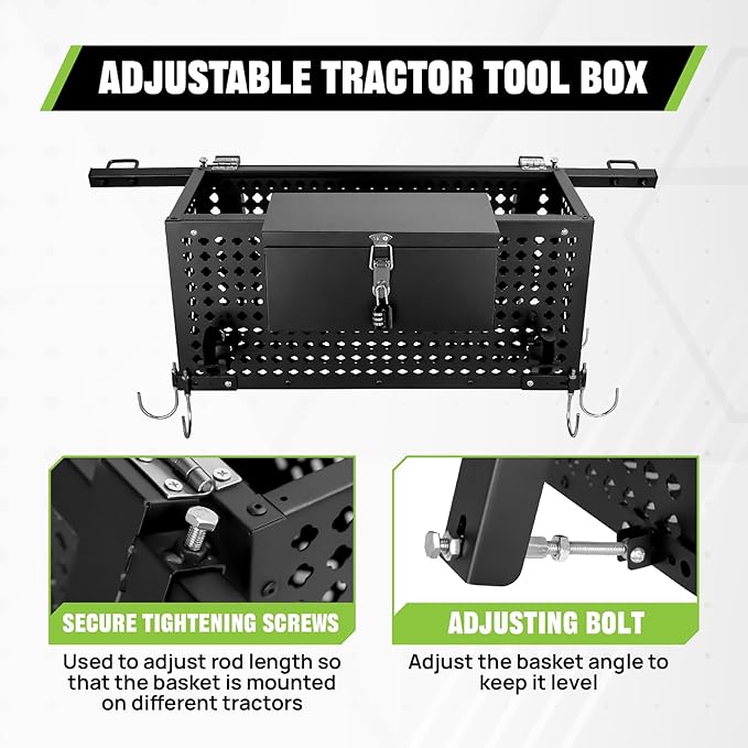 Heavy Duty Tractor Tool Box,Tractor Tool Tray with Lockbox and 27"-39"Adjustable Extension Rod,Tractor Basket Capacity 200 LBS with Universal Fitting Tractor Attachments,Used for Storage,Black