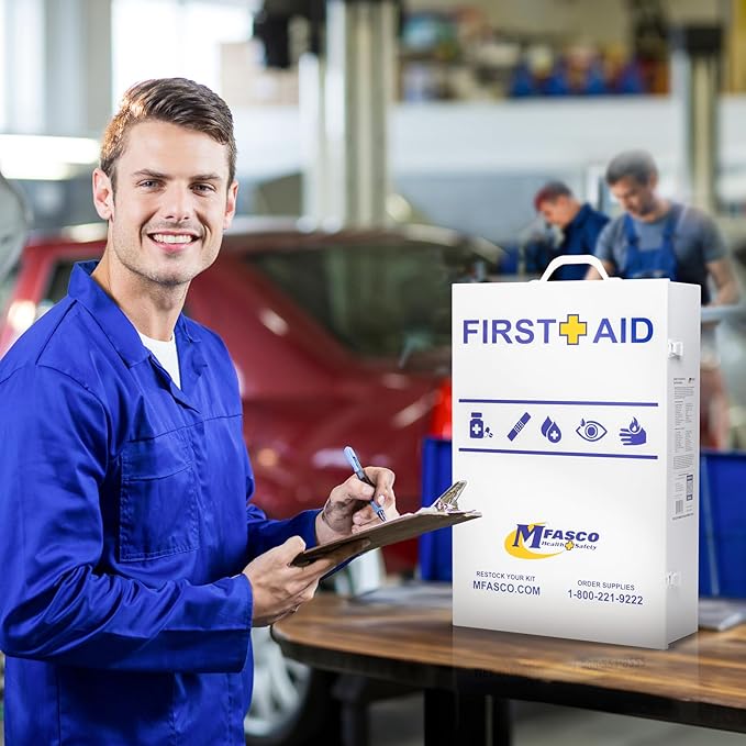 MFASCO Workplace Metal First Aid Kit - 4 Shelf Wall Mount Cabinet with Medications - Large Metal First Aid Box for Office with Supplies - Commercial Grade for Businesses - Emergency Preparedness