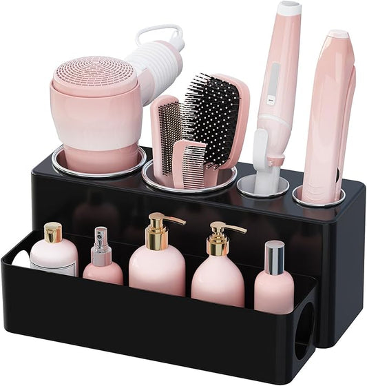 Lifewit Hair Tool Organizer Countertop, Removable Blow Dryer Holder for Bathroom, Acrylic Hot Tools Organizer Storage for Curling Iron, Brush, Straightener, 4 Stainless Cups, Black, 30 cm/12 inch(L)