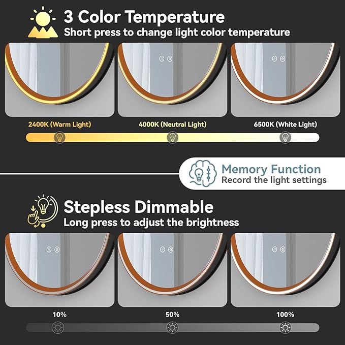 Led Bathroom Mirror with Lights, 20'' x 43'' Oval Heavy Duty Aluminum Frame Bathroom Vanity Mirror with Lights, 3 Colors, Brightness Stepless Dimmable, Anti-Fog, Memory Function, Single LED Orange