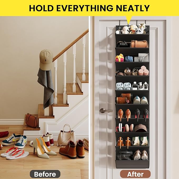 10 Tier Clear Over the Door Shoe Organizer with Deep Pockets, Door Shoes Rack with Hard Tube to Keep the Shape, Hanging Shoe Rack for Closet Organizers & Storage, Behind Door Shoe Holder Black