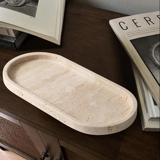 Natural Travertine Oval - 10x5 Inch Bathroom and Vanity Marble Small Tray for Soap Bottle, Perfume, Aromatherapy and Jewelry Accessories - Countertop Tray with Non-Slip Raised Base