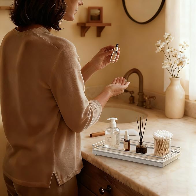 Bathroom Vanity Tray – 12" x 6" Oak Decorative Wooden Tray for Toilet Tank Organizer Wood Tray for Bathroom Countertop, Soap, Perfume & Accessories Storage, Vanity Dresser Decor, Sliver & White