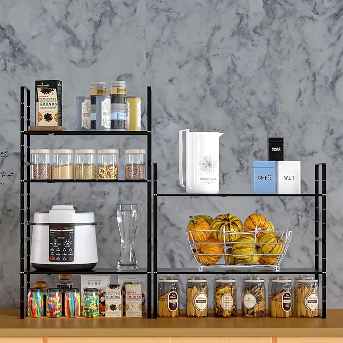 Expandable Kitchen Cabinet Shelf Organizers, Stackable Metal Pantry Storage Shelves Rack, Adjustable Counter Spice Shelf for Cabinets, Countertop, Cupboard Organizers and Storage, Black