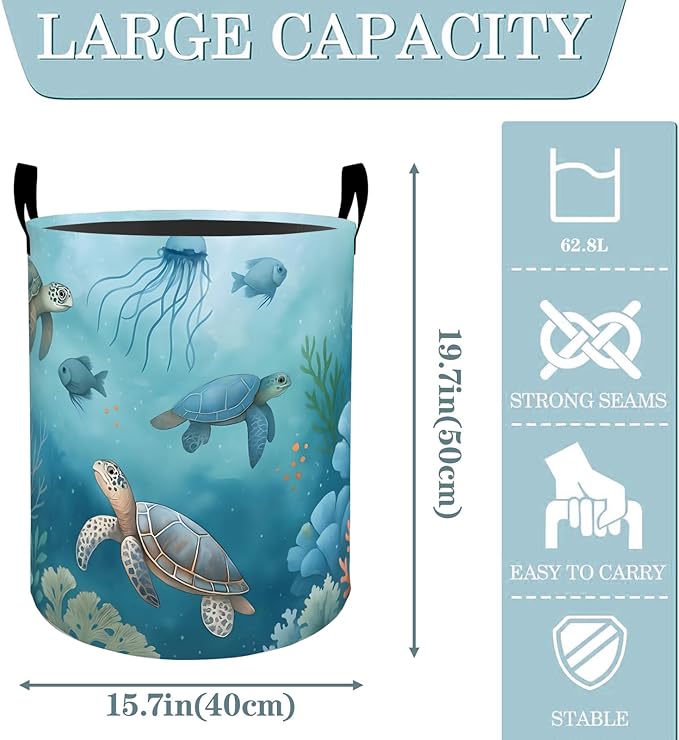Sea Turtle Ocean Animal Coral Laundry Basket, Dirty Collapsible Clothes Toy Organizer Hamper for Kids Adults, Oxford Cloth Waterproof Storage Bin for Bathroom Coastal Decor Gifts, 19.7"X15.7"