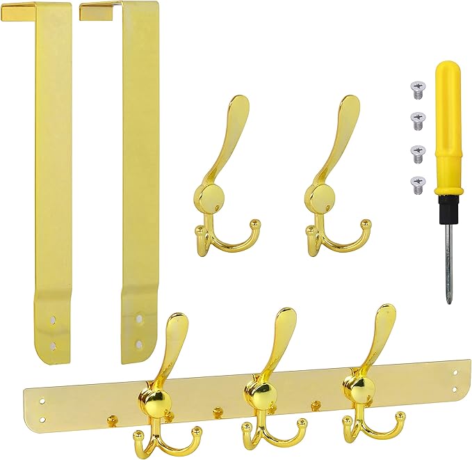 SKOLOO Over The Door Hook - for Doors up to 1-3/4'' Thickness, Metal Door Hanger with 5 Triple Hooks, Over The Door Hanger for Coats, Hats,Towels, Gold, Assembly Required