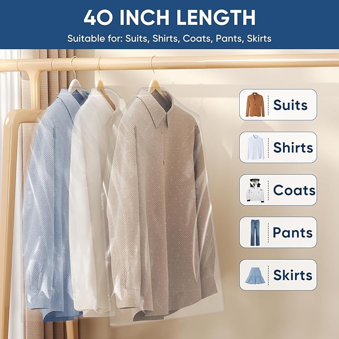 100 Pack 23.6"x40" Garment Bags for Hanging Clothes, Thick Clear Plastic Dry Cleaning Covers for Closet Storage & Travel