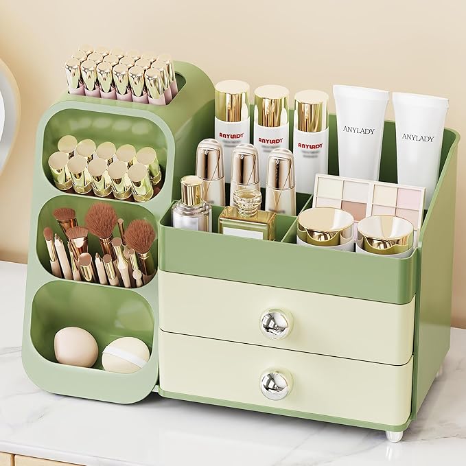 Makeup Organizer with Drawers, Skincare Organizer (Large Size Thick), Storage Box Cosmetic Display Cases, Make up Organizers for Vanity, Dresser, Desk, Kitchen, Countertop (green)