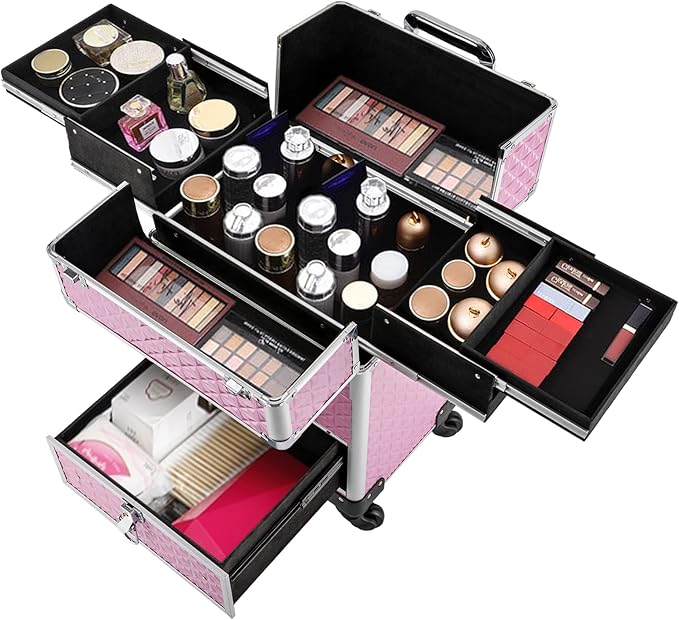 Makeup Rolling Case, Professional Rolling Nail Case Wheeled Manicure Storage Case Polish Organizer w/ Universal Wheels, Portable Adjustable Studio Travel Cart for Nail Technicians Hairstylist (Pink)