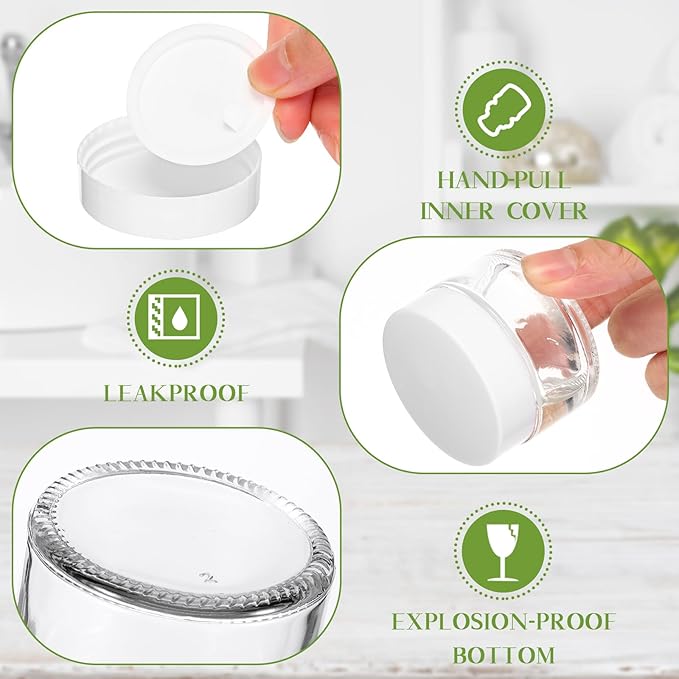 Domensi 60 Pcs 1oz Glass Jars with Lids Bulk Salve Tins Winter Cream Container Small Glass Candle Cosmetic Jars for Travel Lip Balm with Inner Liners for Lotion Sample Cream(Clear, White Lid)