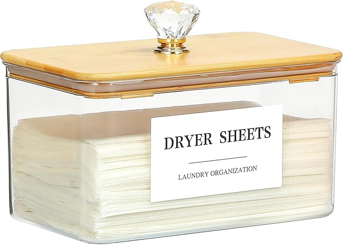 Dryer Sheet Holder with Lid, Clear Dryer Sheet Container, Dryer Sheet Dispenser with 4 Labels, Laundry Sheet Holder for Laundry Room and Organization