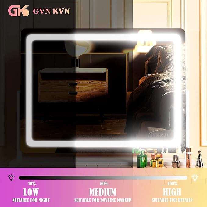 Makeup Vanity Mirror with USB Charging Port 24" x 19" Large LED Makeup Mirror, Desk Mirorr with Lights, Light up Mirror with 10X Magnification and, Dimmable 3 Modes, Touch Control Gold