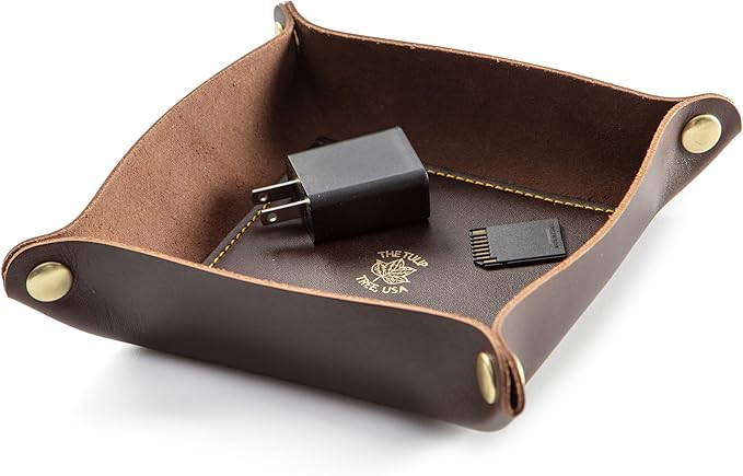 USA Handmade Premium Leather Valet Tray, Folds Flat! Dice Rolling Basket and Organizer with Brass Rivets (Brown Gold, Medium)
