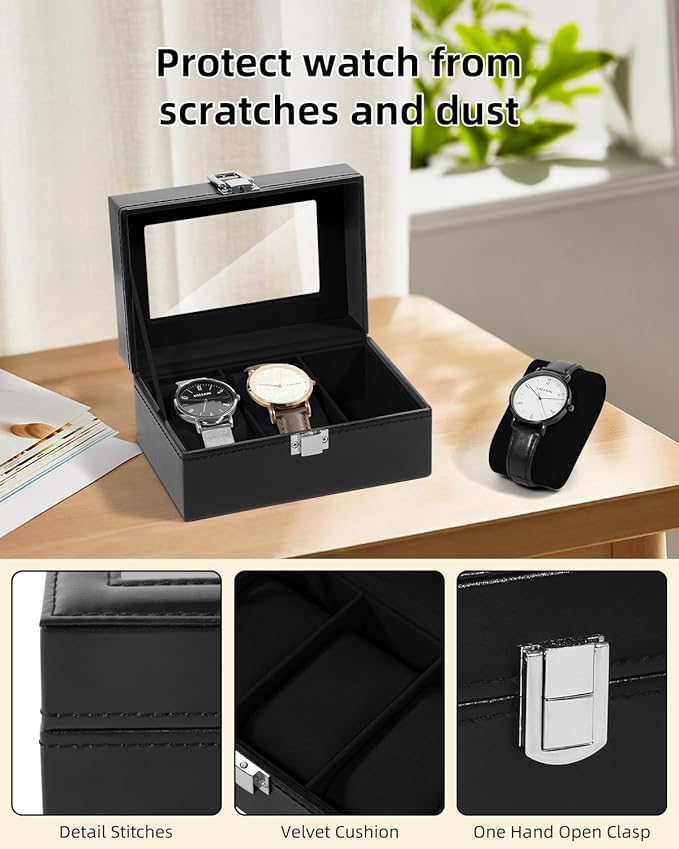 Uten 3-Slot Watch Box, PU Leather Watch Case with Glass Lid, Watch Holder Organizer with Soft Pillow and Velvet Lining, Watch and Jewelry Storage Box, Black