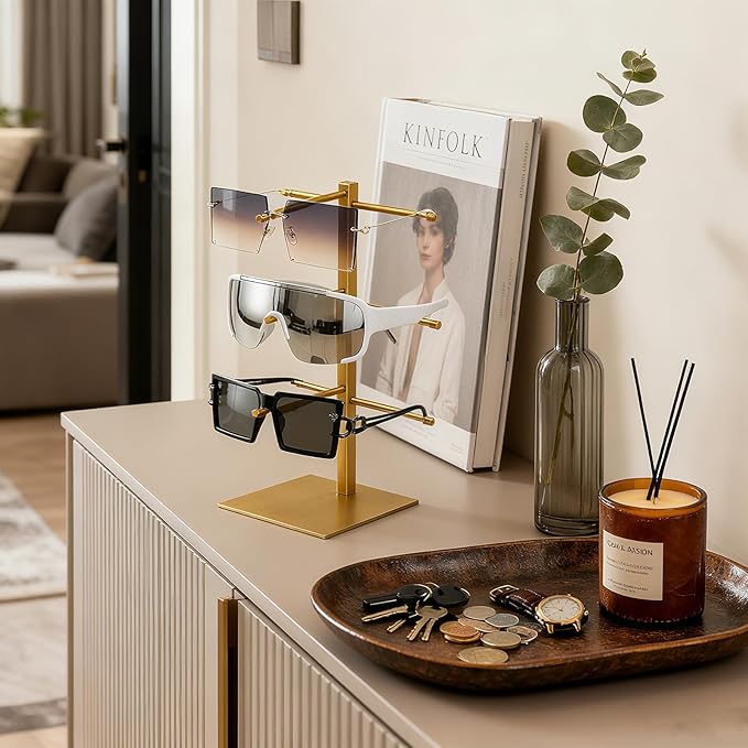 4-Tier Sunglasses Organizer, Sunglass Display Stand, Titanium Brushed Eyeglass Holder Stand, Gold Sunglasses Rack for Homes, Offices, Boutique Shops（PATENT PENDING