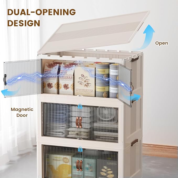 SAILUN 381Qt Extra Large Stackable Storage Bins Folding Collapsible Storage Bins with Lid, Closet Organizers and Storage Box with Door Beige 28" W x 17" D x 46" H