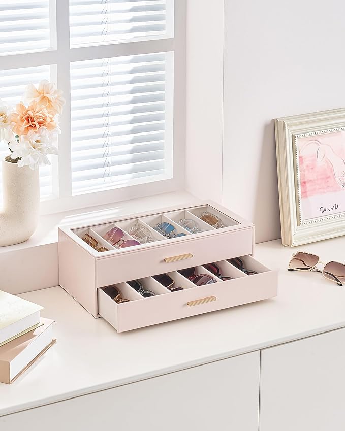 Lolalet Beige Sunglasses Storage Box for Women, Eyewear Eye Glass Organizer with Clear Top Lid Display Holder Case