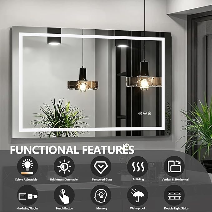 28" x 36" LED Lighted Bathroom Mirror - Backlit + Front Lit Dimmable Vanity Mirror with 3 Color Temperature, Anti-Fog, Memory Function, Shatter-Proof Tempered Glass Wall Mounted LED Mirror