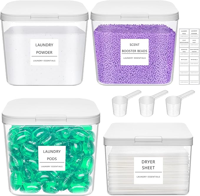 Lifewit Laundry Pods Container with Pop-up Lid, Detergent Dispenser, Dryer Sheet Holder, Laundry Room Organization Storage Jars for Washing Powder, Soap, Scent Booster Beads,0.5+0.72+1.2gal, 4 Pcs