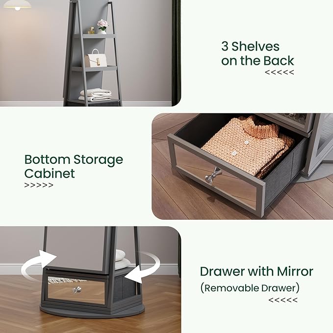 HNEBC 360° Rotating Jewelry Cabinet with Lights, Standing Jewelry Armoire with Mirror, Full Length Mirror with Jewelry Storage, Lockable Lagre Jewelry Organizer Stand for Bedroom, Cloakroom (Grey)