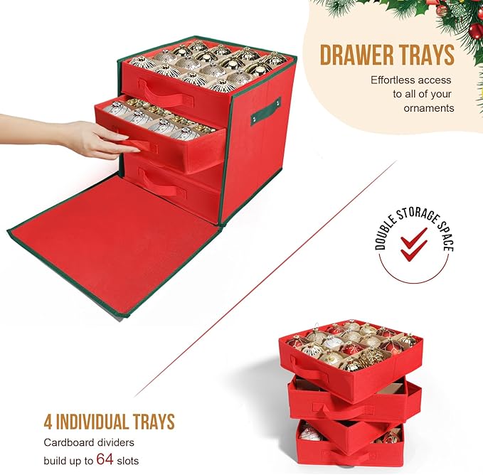 WDZREE Premium Large Christmas Ornament Storage,Box with Side Open, Drawer Style Trays - 3" Compartment, 4 Trays, Keeps 64 Holiday Ornaments -Made of Durable 600D Oxford Fabric Tear-Proof Material