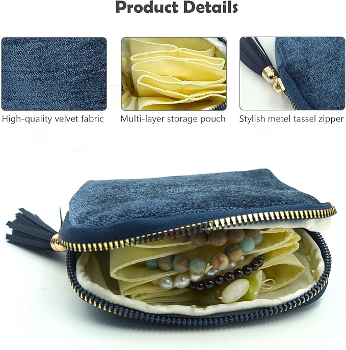 Travel Jewelry Case, Travel Jewelry Organizer, Travel Jewelry Bag with Zipper, Small Travel Jewelry Pouch for Necklaces Bracelets Bangles Rings Earrings Gemstones Storage(Deep blue)