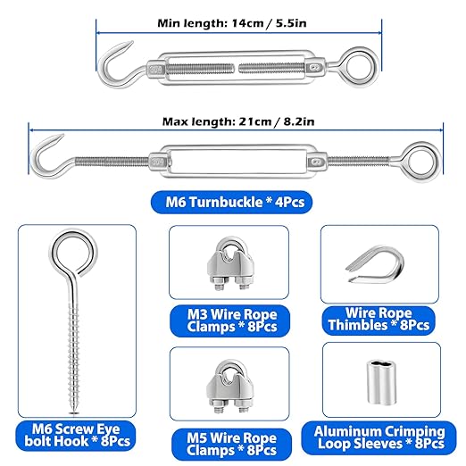 TooTaci 3/16 Wire Rope Kit, 200ft Vinyl Coated Stainless Steel Cable(1/8 Steel Core Overmolded to 3/16 Coated Cable), M6 Turnbuckles for Cables Wire, String Light Hanging, Deck Railing, Shade Sail